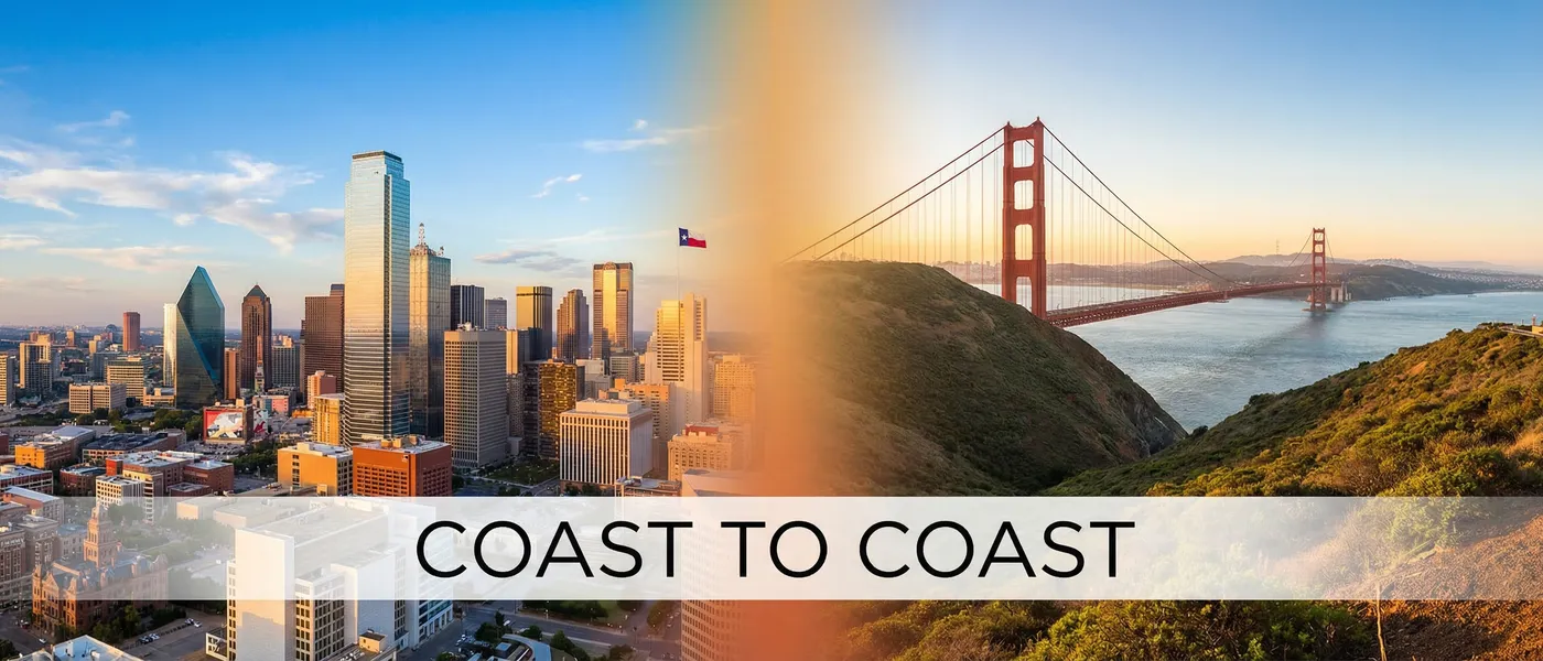 Texas vs California comparison — Dallas skyline meets Golden Gate Bridge, relocating to Texas from California 2026