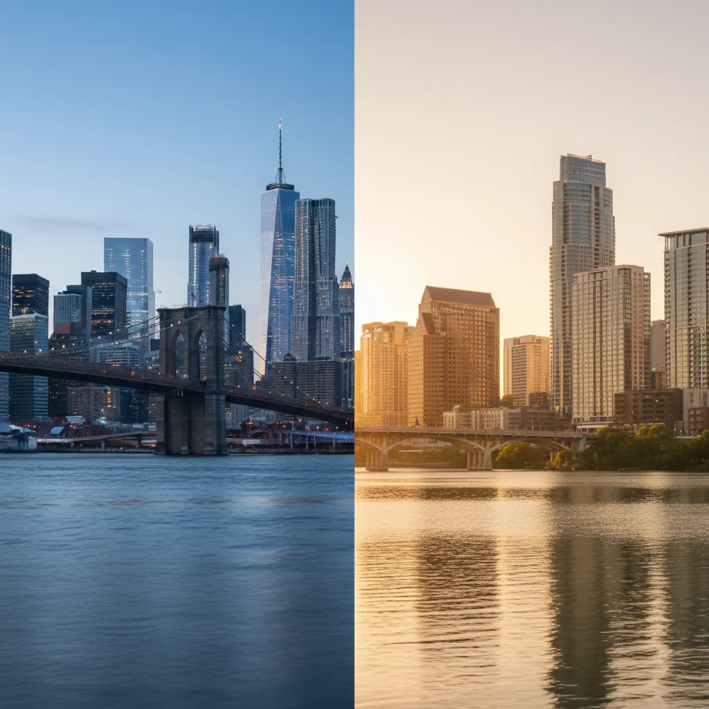 Relocating from New York to Texas showing scenic landmarks from both states