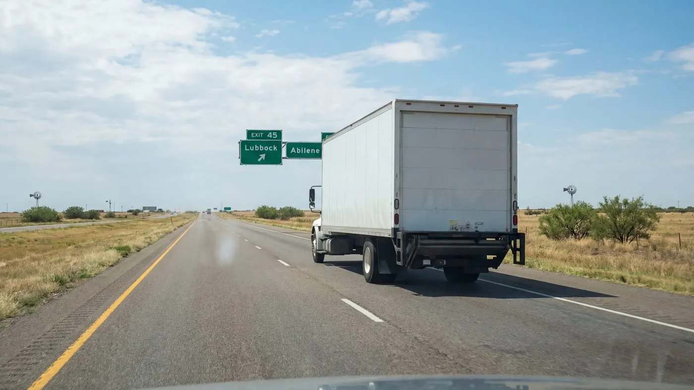 Moving truck driving on wide Texas highway with open plains blue sky and road signs showing Texas destinations