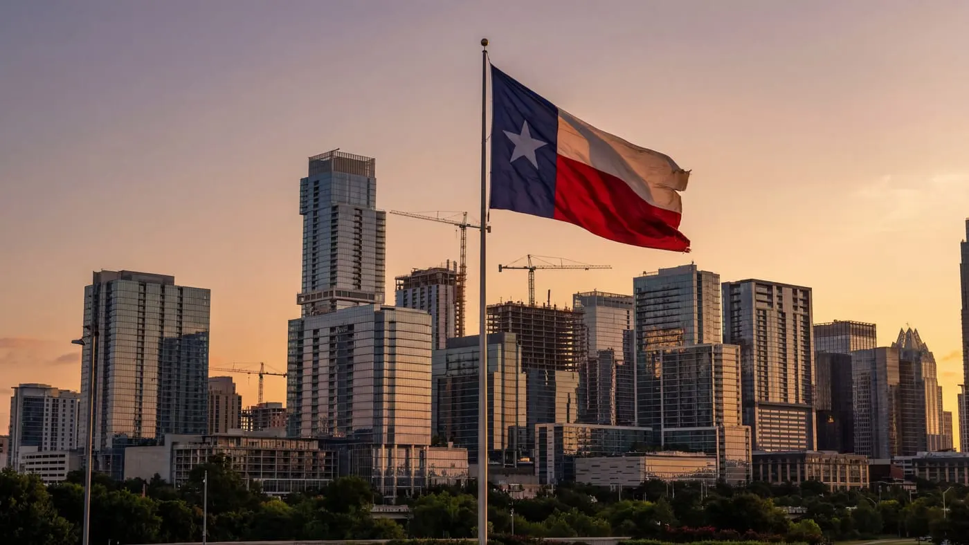 Texas state flag waving in front of modern city skyline with glass skyscrapers at golden hour