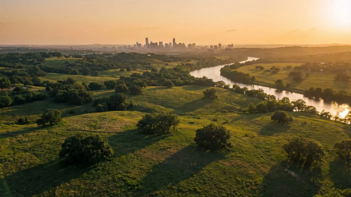 Texas Relocation Guides — aerial view of landscape at golden hour with rolling hills and distant city skyline