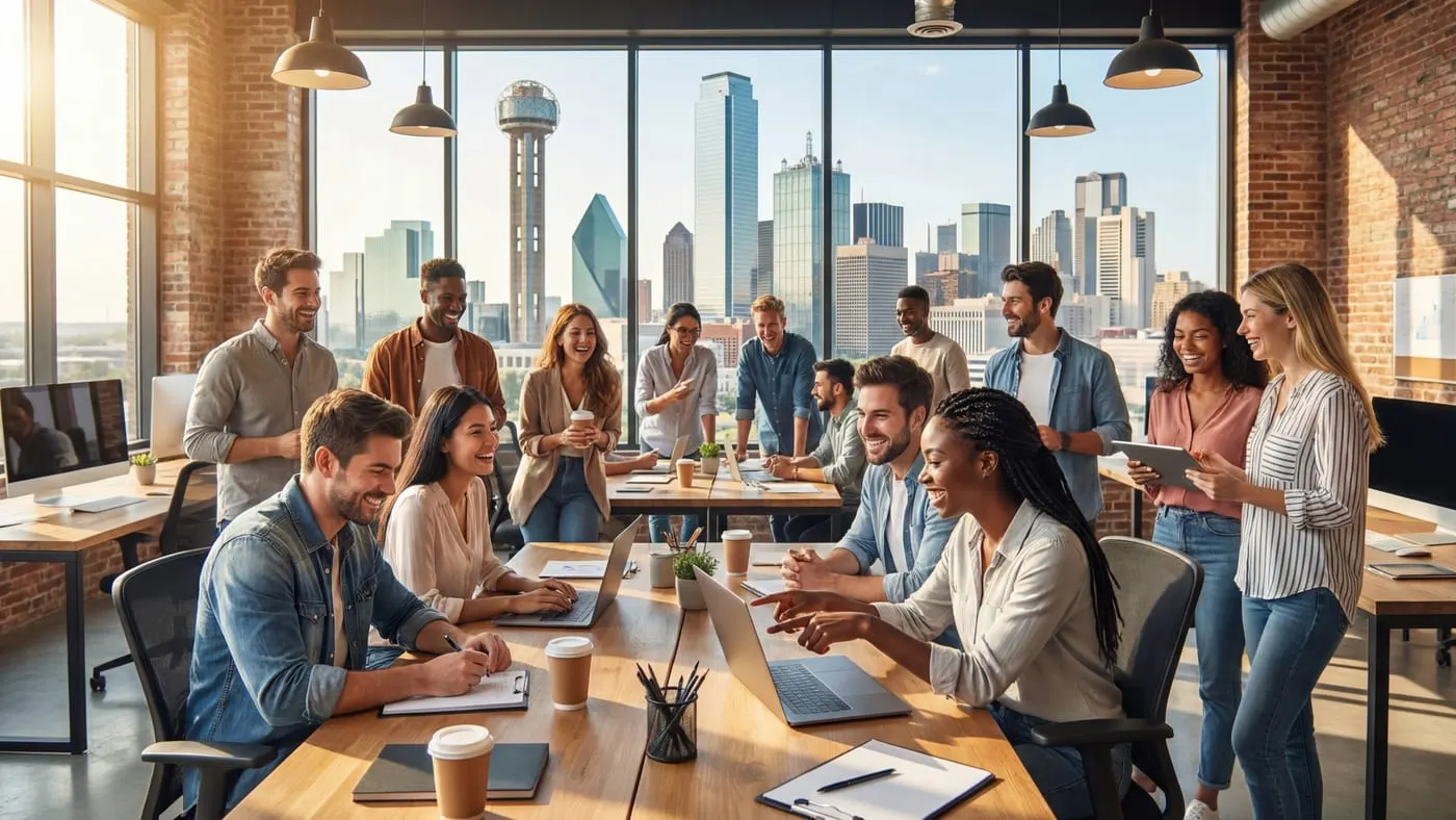 Diverse young professionals networking at modern Texas coworking space with city skyline views