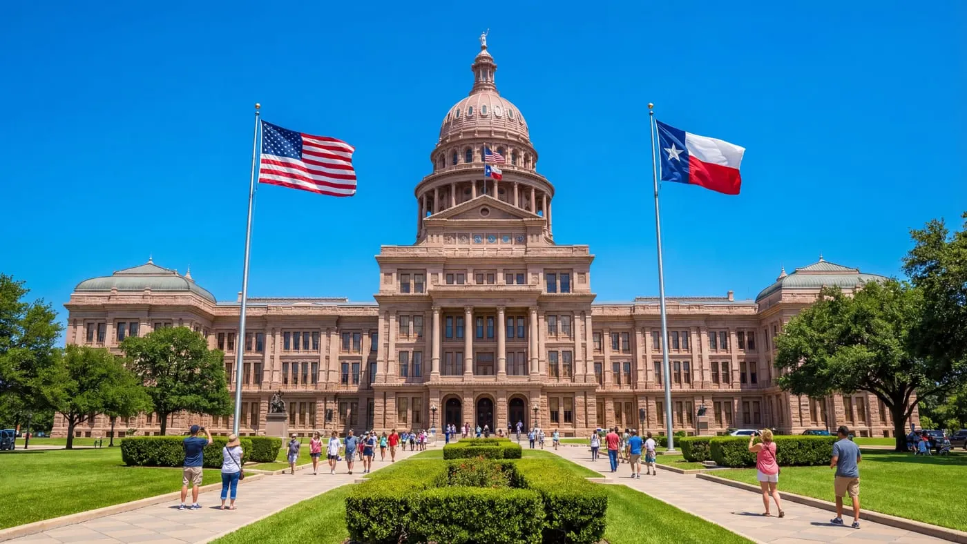 Texas State Capitol building in Austin with clear blue sky American and Texas flags flying on the grounds