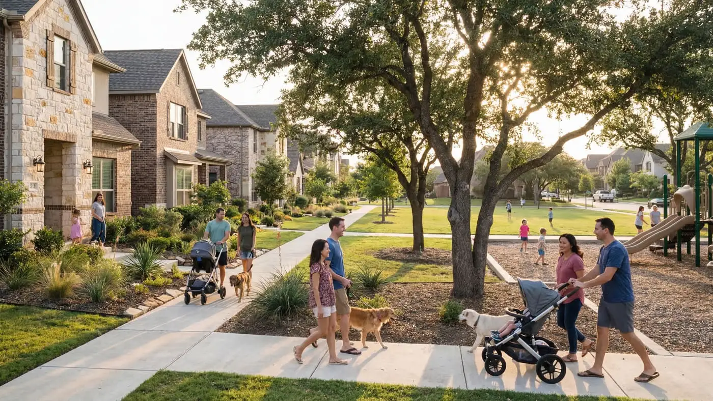 Beautiful Texas suburban neighborhood with modern homes tree-lined streets and families enjoying a sunny afternoon