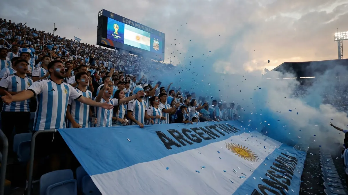 Argentina fans celebrating in Dallas with albiceleste jerseys and scarves before the 2026 World Cup