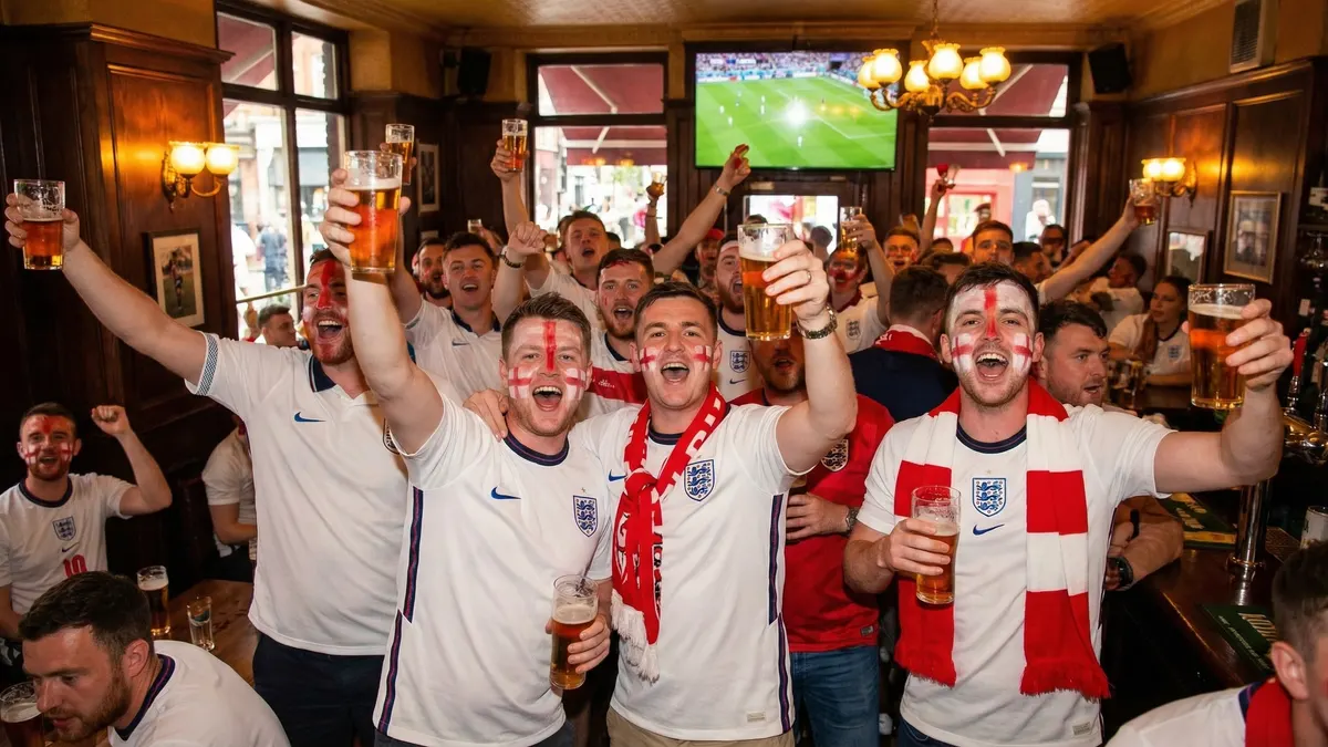 England fans in Three Lions shirts celebrating outside a Dallas pub on World Cup match day