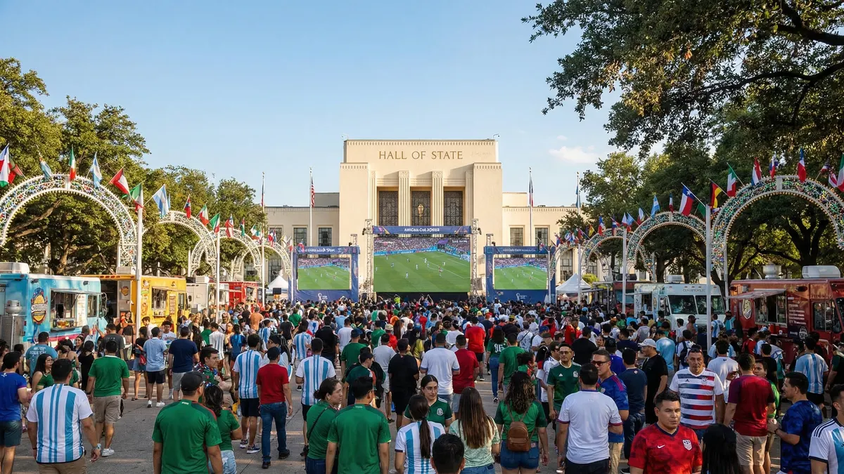 FIFA Fan Festival at Fair Park in Dallas with crowds watching World Cup matches on big screens