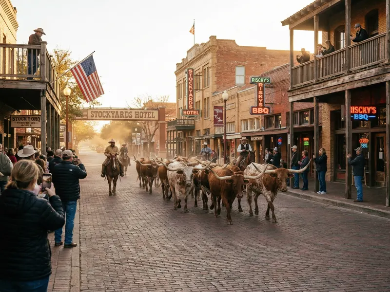 Fort Worth Stockyards historic district with Hotel Drover and cattle drive route during World Cup 2026 season
