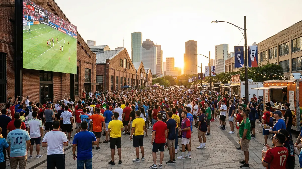 Aerial view of the FIFA Fan Festival in EaDo Houston with thousands of fans watching a match on giant screens surrounded by food vendors and international flags