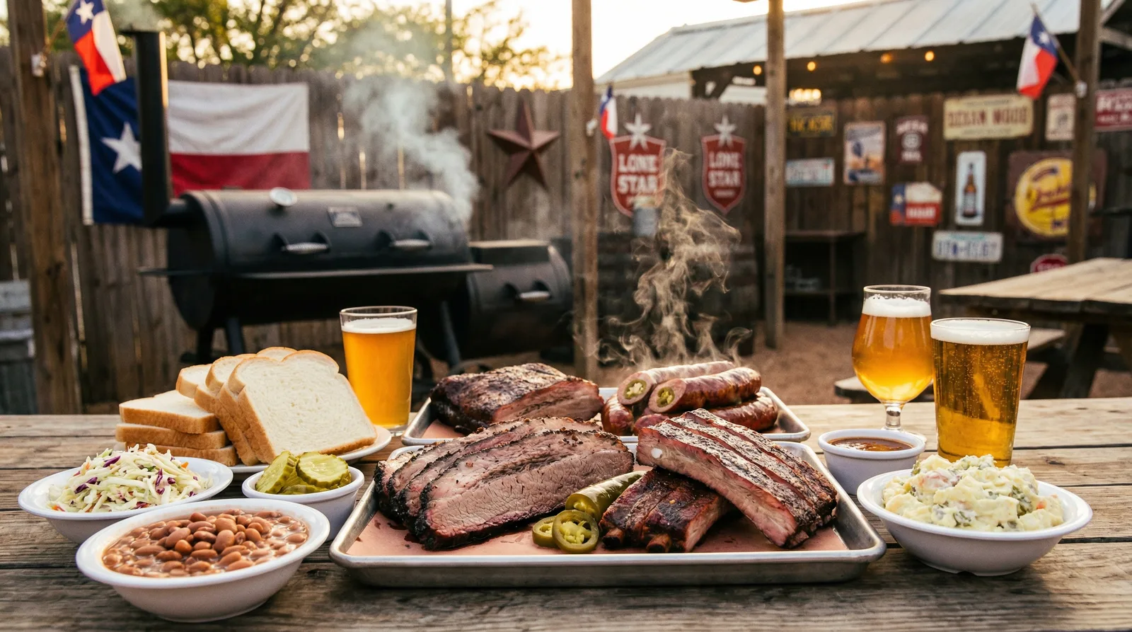 Smoked brisket and craft beer spread at a Houston BBQ restaurant with match-day watch party screens in the background