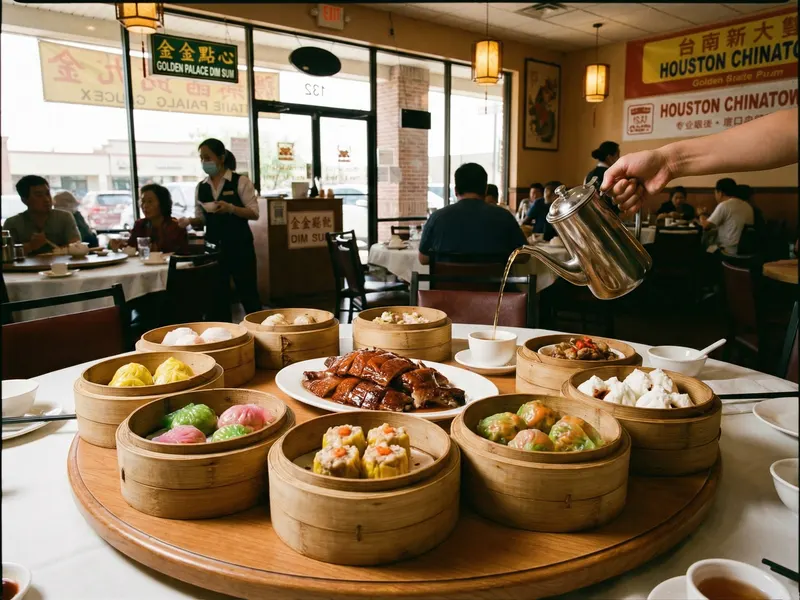Bustling Houston Chinatown strip mall along Bellaire Boulevard with neon signs in Chinese and Vietnamese, packed parking lot, and diverse restaurants