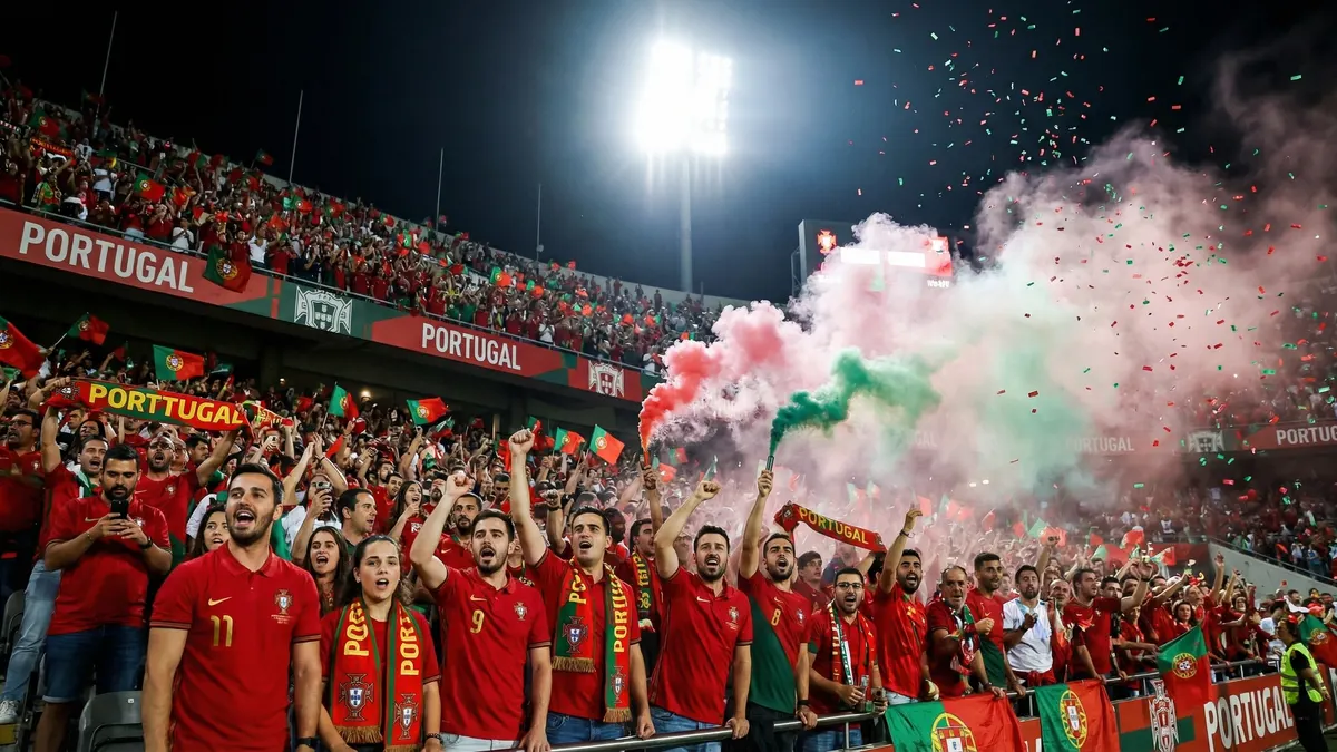 Portugal fans celebrating in green and red kit at a Houston viewing event
