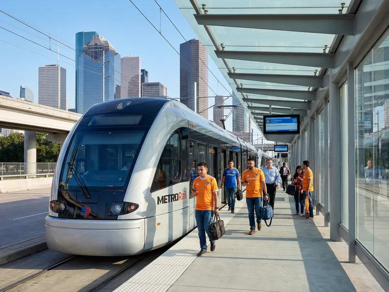 METRORail Red Line train arriving at Stadium Park station near NRG Stadium in Houston on a sunny game day