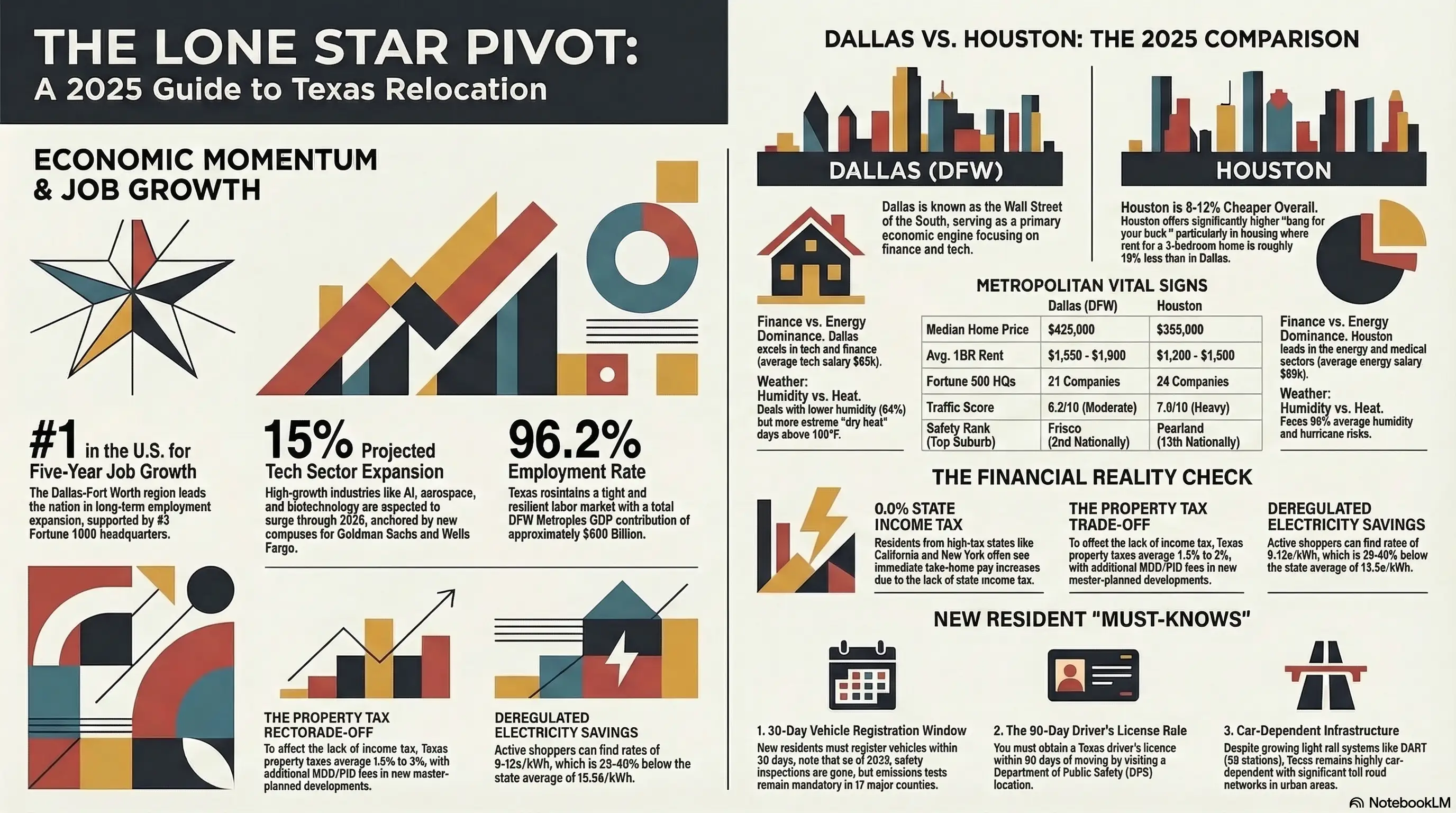 Texas Relocation At A Glance infographic — key stats on taxes, cost of living, job growth, and top cities